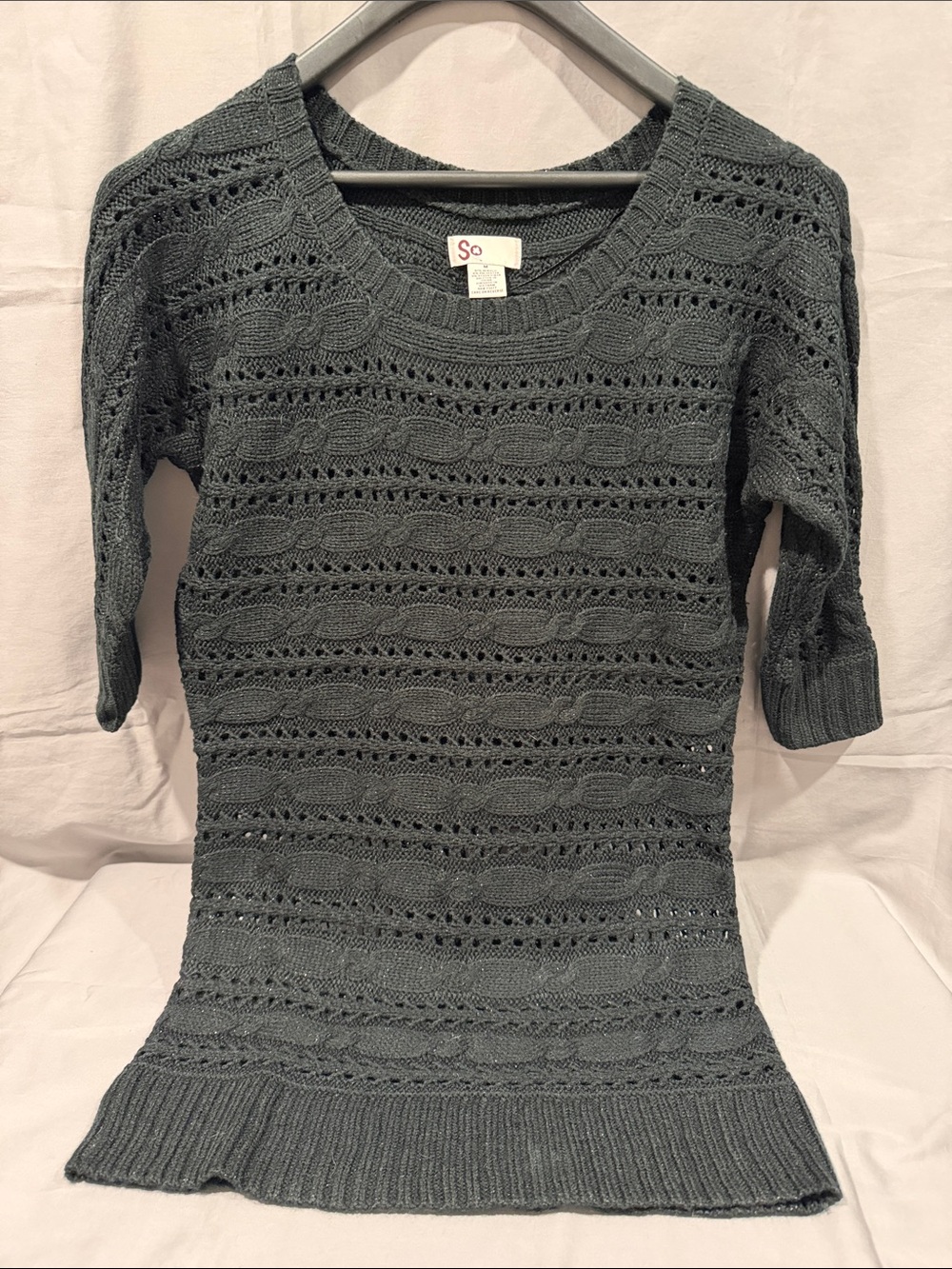 SO Dark Charcoal Scoop-Neck Openwork Knit Top
